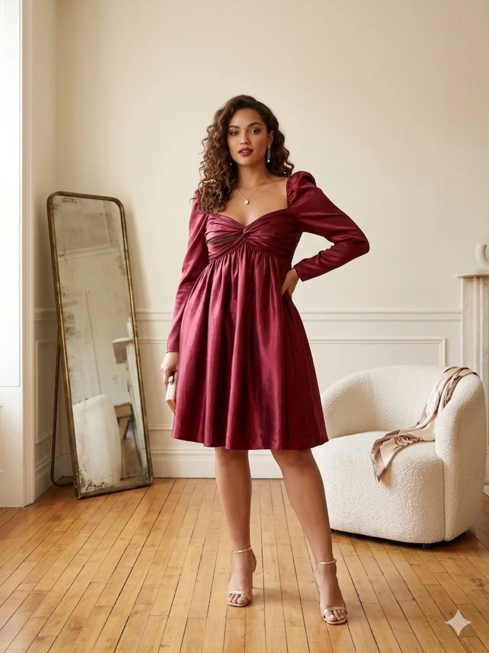 Inewer Plum Long-Sleeve Twist-Front A-Line‎ Dress
